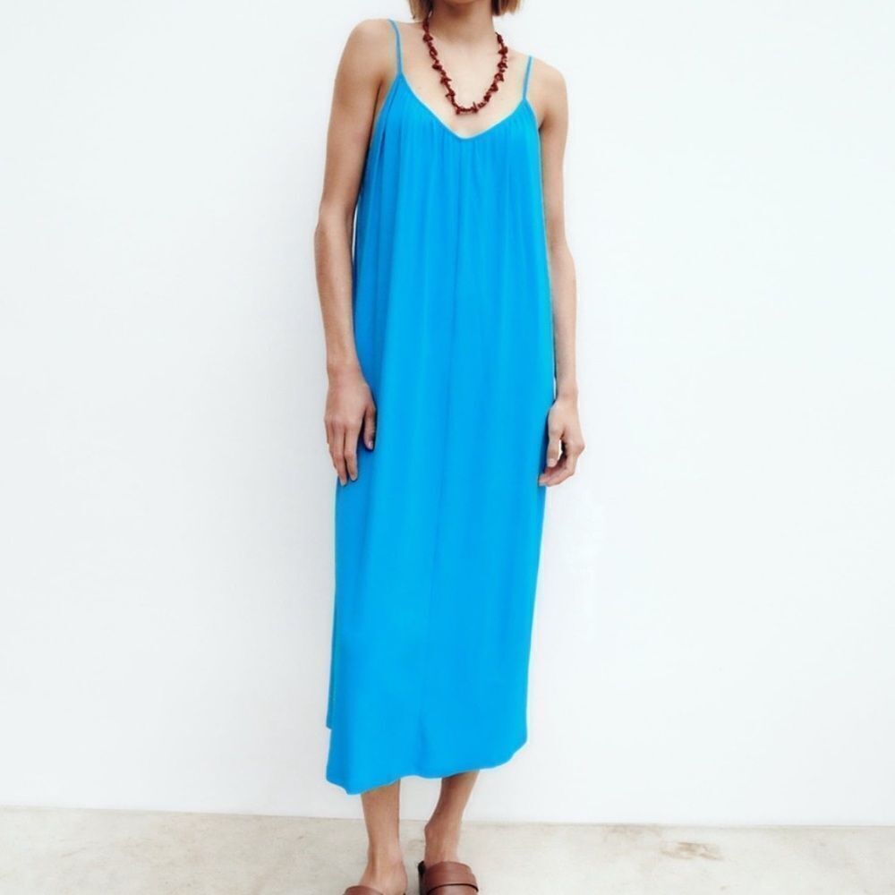 Zara Aqua Blue Ribbed Strappy Midi Dress SIZE LARGE